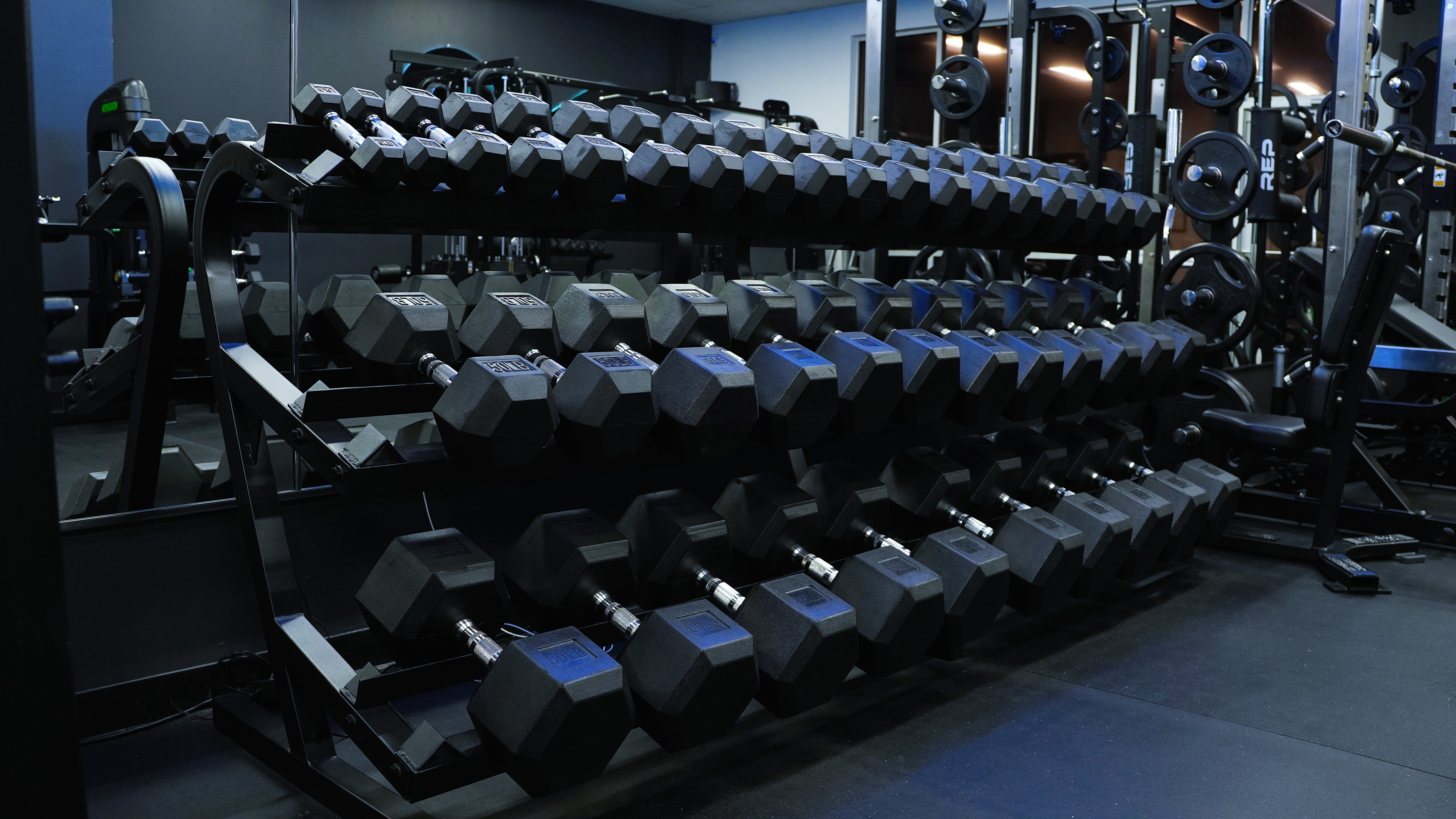 Studio south corner view with dumbbell rack and functional training area